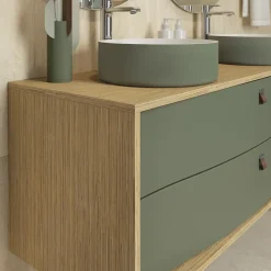 Meuble sous vasque suspendu vert fougère mat 2 tiroirs l.140 x H.50 x P.50 cm, Decotec Havana