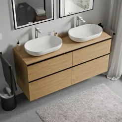 Meuble sous vasque suspendu MDF Chêne miel, plan vasque Chêne miel, poignée Anthracite mat - 140x46x62cm - LAVOA