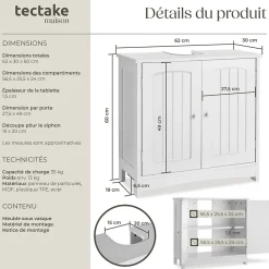 Meuble sous-lavabo 2 compartiments capacité de charge 35 kg