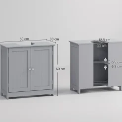 Meuble sous-vasque - 2 portes rainurées avec étagère réglable - poignées métal chromé - dim. 60L x 30l x 60H cm - MDF