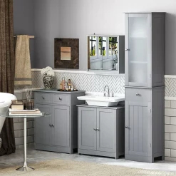 Meuble sous-vasque - 2 portes rainurées avec étagère réglable - poignées métal chromé - dim. 60L x 30l x 60H cm - MDF