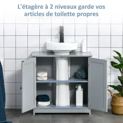 Meuble sous-vasque - 2 portes rainurées avec étagère réglable - poignées métal chromé - dim. 60L x 30l x 60H cm - MDF