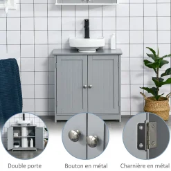 Meuble sous-vasque - 2 portes rainurées avec étagère réglable - poignées métal chromé - dim. 60L x 30l x 60H cm - MDF