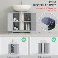 Meuble sous-vasque - 2 portes rainurées avec étagère réglable - poignées métal chromé - dim. 60L x 30l x 60H cm - MDF
