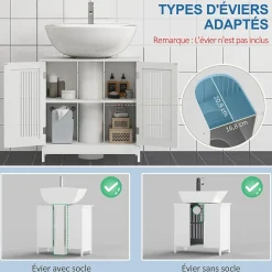 Meuble sous-vasque - 2 portes rainurées avec étagère réglable - poignées alliage aluminium - dim. 60L x 30l x 60H cm - MDF blanc