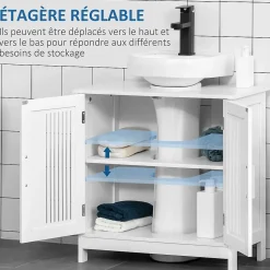 Meuble sous-vasque - 2 portes rainurées avec étagère réglable - poignées alliage aluminium - dim. 60L x 30l x 60H cm - MDF blanc