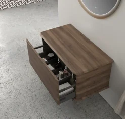 Meuble sous-vasque à suspendre l.95 cm avec plan de toilette, effet noyer, Idra