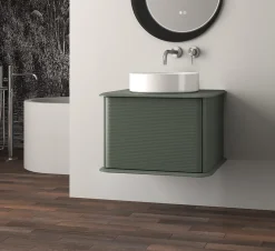 Meuble sous-vasque à suspendre l.61 cm avec plan de toilette et vasque à poser, vert mat, Idra
