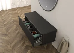 Meuble sous-vasque à suspendre l.141 cm avec plan de toilette et pieds H.29 cm, noir mat, Idra