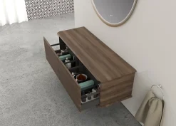 Meuble sous-vasque à suspendre l.141 cm avec plan de toilette, effet noyer, Idra