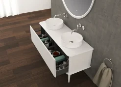 Meuble sous-vasque à suspendre l.141 cm avec plan de toilette, 2 vasques à poser et pieds H.29 cm, blanc mat, Idra