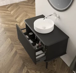 Meuble sous-vasque à suspendre l.95 cm avec plan de toilette, vasque à poser et pieds H.29 cm, noir mat, Idra
