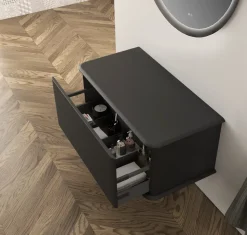 Meuble sous-vasque à suspendre l.95 cm avec plan de toilette, noir mat, Idra