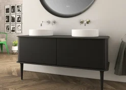 Meuble sous-vasque à suspendre l.141 cm avec plan de toilette, 2 vasques à poser et pieds H.29 cm, noir mat, Idra