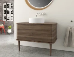 Meuble sous-vasque à suspendre l.95 cm avec plan de toilette, vasque à poser et pieds H.29 cm, effet noyer, Idra
