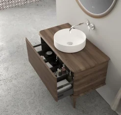 Meuble sous-vasque à suspendre l.95 cm avec plan de toilette, vasque à poser et pieds H.29 cm, effet noyer, Idra
