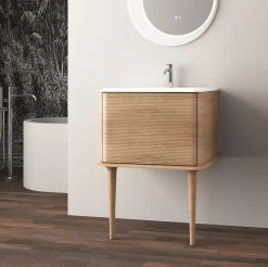 Meuble sous-vasque à suspendre l.61 cm avec plan vasque résine et pieds H.43 cm, effet chêne tabac, Idra