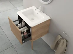 Meuble sous-vasque à suspendre l.61 cm avec plan vasque résine et pieds H.43 cm, effet chêne tabac, Idra