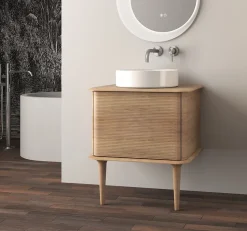Meuble sous-vasque à suspendre l.61 cm avec plan de toilette, vasque à poser et pieds H.29 cm, effet chêne tabac, Idra