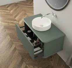 Meuble sous-vasque à suspendre l.95 cm avec plan de toilette et vasque à poser, vert mat, Idra