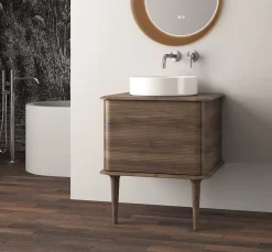 Meuble sous-vasque à suspendre l.61 cm avec plan de toilette, vasque à poser et pieds H.29 cm, effet noyer, Idra