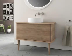 Meuble sous-vasque à suspendre l.95 cm avec plan de toilette, vasque à poser et pieds H.29 cm, effet chêne tabac, Idra