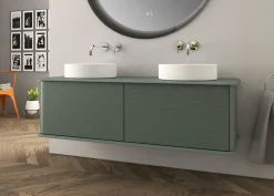 Meuble sous-vasque à suspendre l.141 cm avec plan de toilette et 2 vasques à poser, vert mat, Idra
