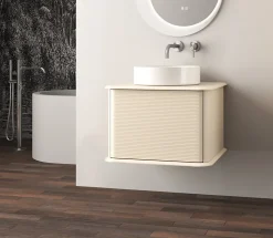 Meuble sous-vasque à suspendre l.61 cm avec plan de toilette et vasque à poser, beige coton, Idra