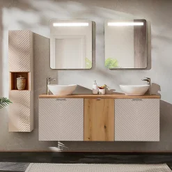 Meuble sous-vasque 160cm 4 portes panier à linge Manoa Cachemire et Bois