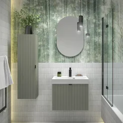 Meuble sous-vasque suspendu HARMO 50 cm Façade rainuré vert semi-mat
