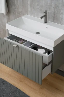 Meuble sous-vasque suspendu HARMO 80 cm Façade rainuré vert semi-mat