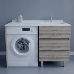 Meuble spécial lave-linge KORA avec plan vasque déportée 124 cm x 65 cm- Bois- Vasque à droite
