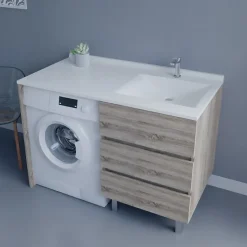 Meuble spécial lave-linge KORA avec plan vasque déportée 124 cm x 65 cm- Bois- Vasque à droite