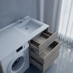 Meuble spécial lave-linge KORA avec plan vasque déportée 124 cm x 65 cm- Bois- Vasque à droite