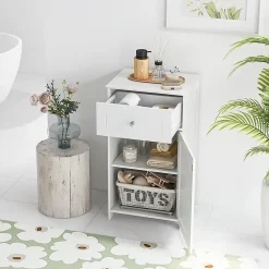 Meuble sur Pieds de Salle de Bain avec Étagères Réglables Tiroir et 1 Porte Armoire de Rangement pour Salle de Bain Blanc