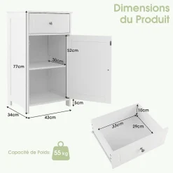 Meuble sur Pieds de Salle de Bain avec Étagères Réglables Tiroir et 1 Porte Armoire de Rangement pour Salle de Bain Blanc