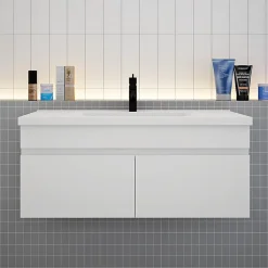 Meuble suspendu avec vasque 100 cm salle de bain, meuble blanc 2 portes