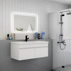 Meuble suspendu avec vasque 100 cm salle de bain, meuble blanc 2 portes
