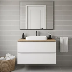 Meuble suspendu blanc brillant l.100 cm Imandra + plan de toilette chêne massif Hartland, GoodHome