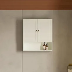 Meuble Suspendu En Bois Décapé Blanc Avec 2 Portes Et Une Étagère Ouverte Toscana