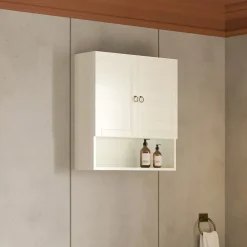 Meuble Suspendu En Bois Décapé Blanc Avec 2 Portes Et Une Étagère Ouverte Toscana