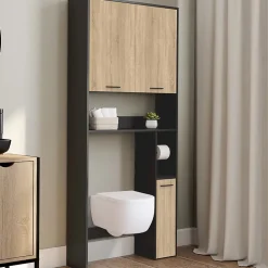 Meuble étagère dessus WC WALLIS noir et bois façon hêtre