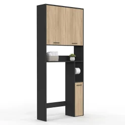 Meuble étagère dessus WC WALLIS noir et bois façon hêtre
