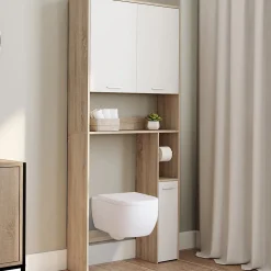 Meuble étagère dessus WC WALLIS bois façon hêtre et blanc