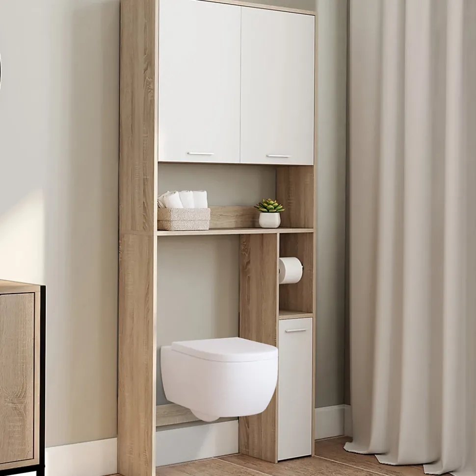 Meuble étagère dessus WC WALLIS bois façon hêtre et blanc