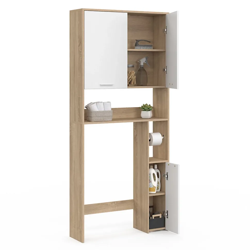 Meuble étagère dessus WC WALLIS bois façon hêtre et blanc