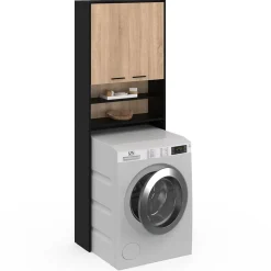 Meuble étagères de rangement dessus machine à laver et WC WALLIS noir et bois façon hêtre
