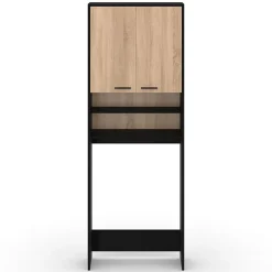 Meuble étagères de rangement dessus machine à laver et WC WALLIS noir et bois façon hêtre