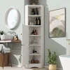 Meuble triangulaire salle de bain blanc laqué, 2 étagères ouvertes, 2 portes avec séparateurs réglables, design simple