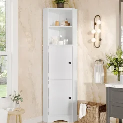 Meuble triangulaire salle de bain blanc laqué, 2 étagères ouvertes, 2 portes avec séparateurs réglables, design simple